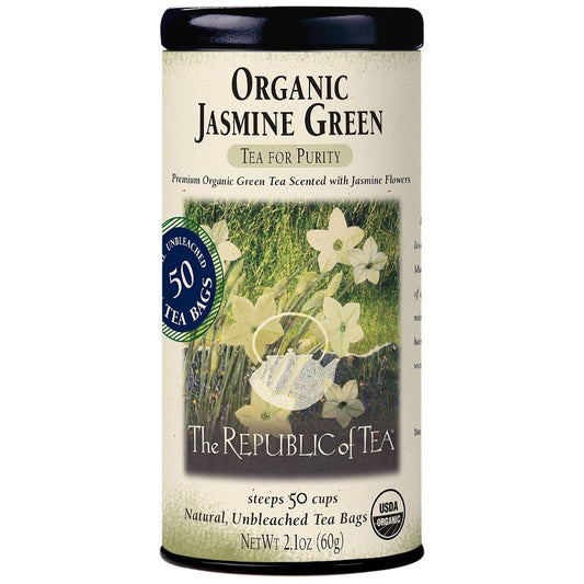 The Republic of Tea Organic Jasmine Green Tea, Low Caffeine, 50 Count | A gentle cup for everyday sipping. Fresh with light vegetal notes. USDA Organic and Gluten Free.