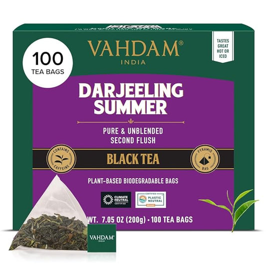 VAHDAM, Darjeeling Black Tea Bags (100 Count) High Caffeine, Non GMO, Gluten Free | Smooth & Sweet Tea With Distinguished Fruity Notes | Full Bodied