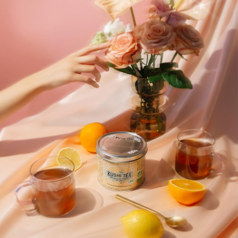 Kusmi Tea - Bouquet of Flowers No.108 - Organic Earl Grey Black Tea with Bergamot &amp; Ylang Ylang - Flavored with Citrus - Robust, Caffeinated Tea - Loose Leaf Tea - Tin Box of 3.5 oz