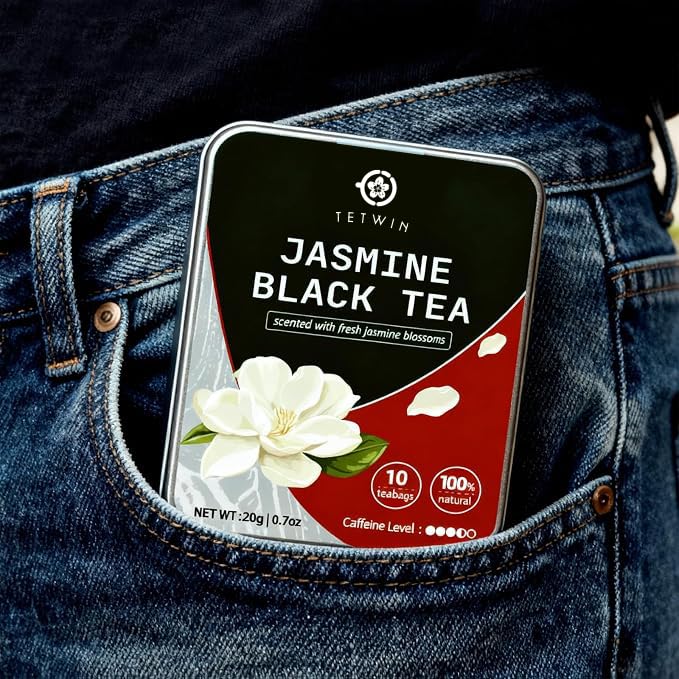 Jasmine Black Tea Bags, 3-Scented Loose Leaf in PLA teabag - Bitterness-Free, Naturally Sweet &amp; Mellow, 10 Count Portable Tin