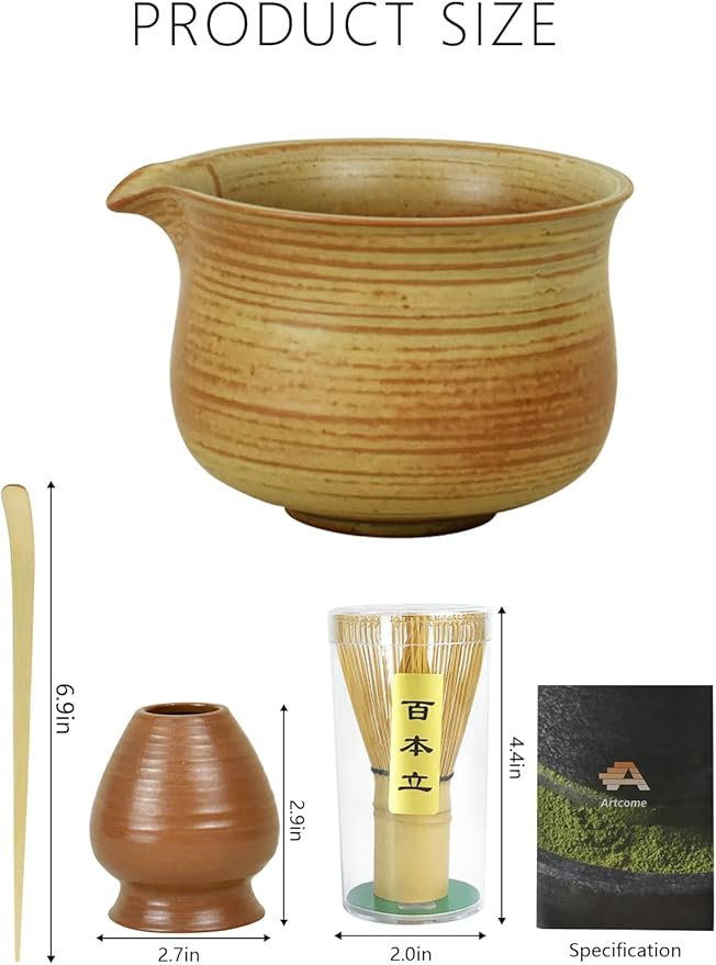 Artcome Matcha Tea Set – 4 Piece Japanese Ceremonial Kit with 9oz Ceramic Bowl with Spout, Bamboo Whisk, Scoop, Whisk Holder & Tea Manual – Traditional Matcha Starter Kit for Daily Use