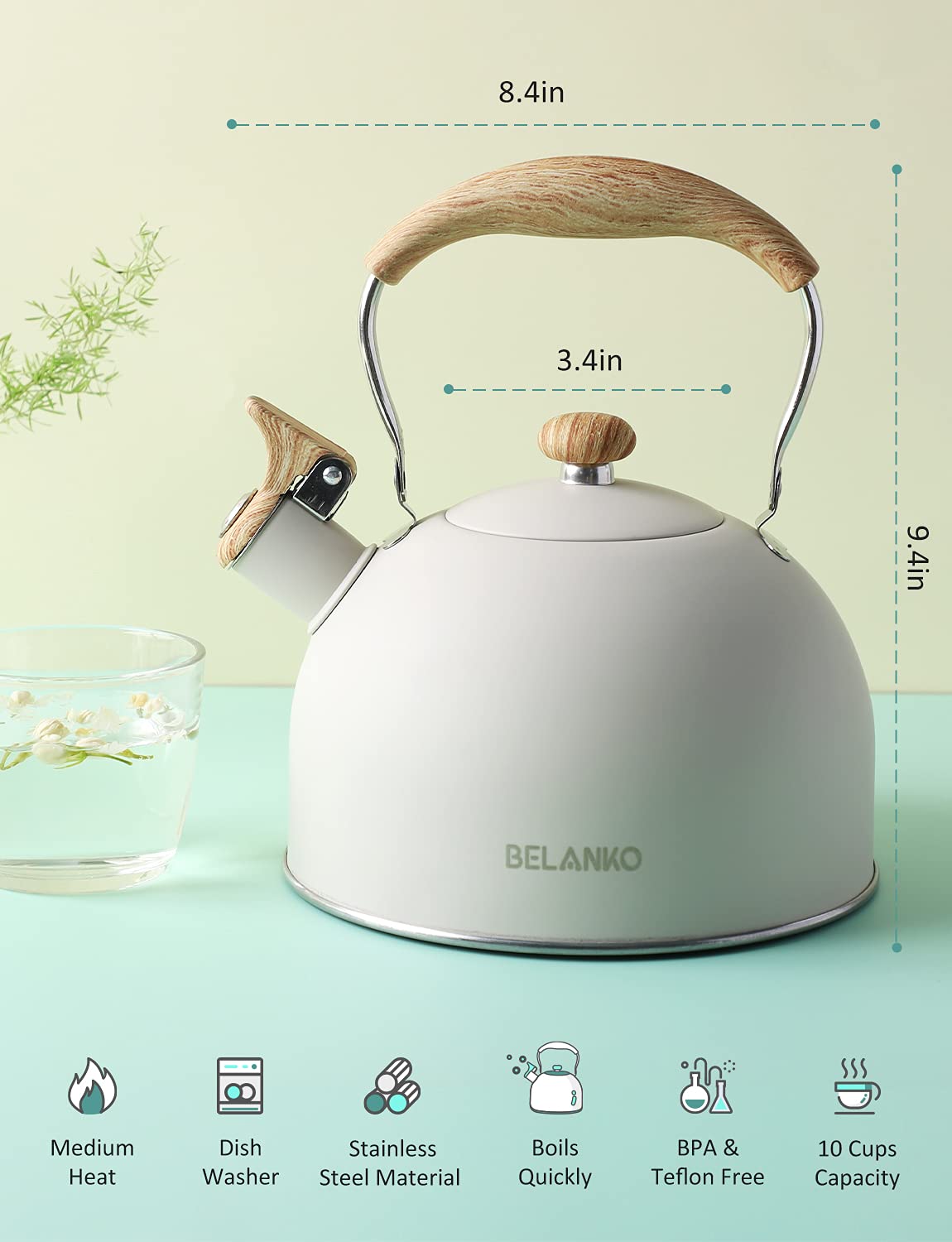 Tea Kettle, BELANKO 85 OZ / 2.5 Liter Whistling Tea Kettle Pots for Stove Top Food Grade Stainless Steel with Wood Pattern