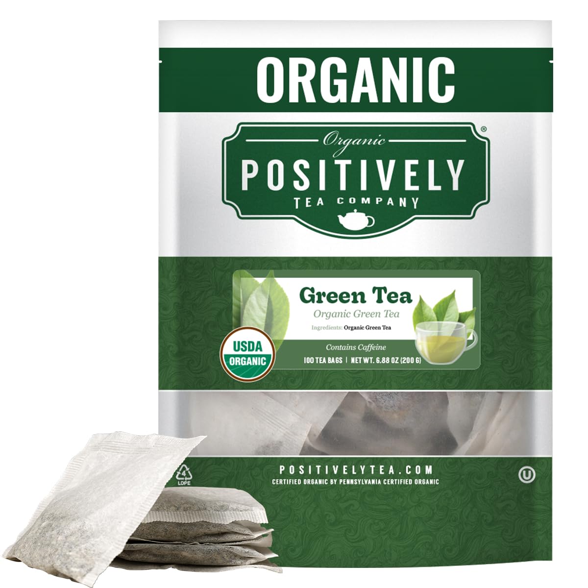 Organic Positively Tea Company, Green Tea Bags, 100 Count, Eco-Friendly Tea Bags, Non-GMO