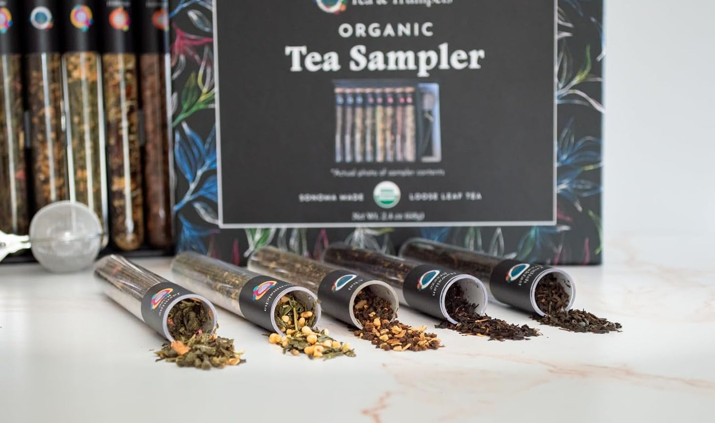 Tea & Trumpets, Organic Loose Tea Sampler Gift Set with Infuser (8 Teas, 30+ Cups) - Green Tea, Black Tea, Herbal Tea, and infuser | Gifts for women, Men and Adults | Tea Gift Sets