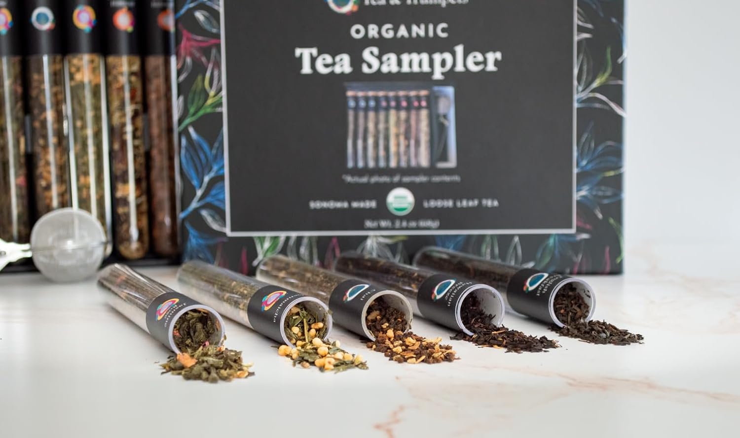 Tea & Trumpets, Organic Loose Tea Sampler Gift Set with Infuser (8 Teas, 30+ Cups) - Green Tea, Black Tea, Herbal Tea, and infuser | Gifts for women, Men and Adults | Tea Gift Sets