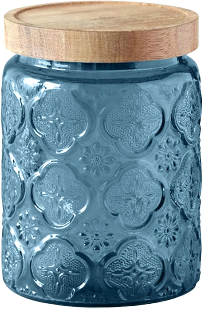 Glass Jar with Lid, Vintage Glass Storage Jars with Airtight Lid Coffee Canister Sugar Container for Kitchen Counter Pantry, Spice, Candy, Coffee Beans, Tea, Cookie (24 FL OZ Blue Begonia)