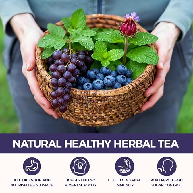 Natural Blueberry hibiscus tea 150g. 2.5gx60 teabags.100% natural ingredients Blueberry hibiscus Herbal tea bags.Additive-Free • Caffeine-Free •