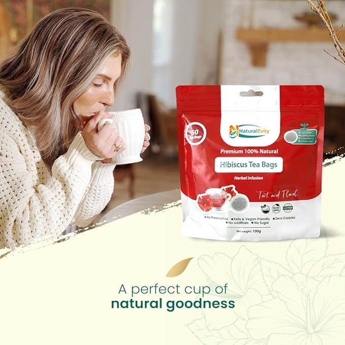 NaturalEvity Hibiscus Tea Bags (50 Count) – Flor de Jamaica Herbal Tea – Ayurveda Inspired, Naturally Antioxidant-Rich, Caffeine-Free & Non-GMO – Premium Sun-Dried Hibiscus Flowers, Eco-Conscious Packaging