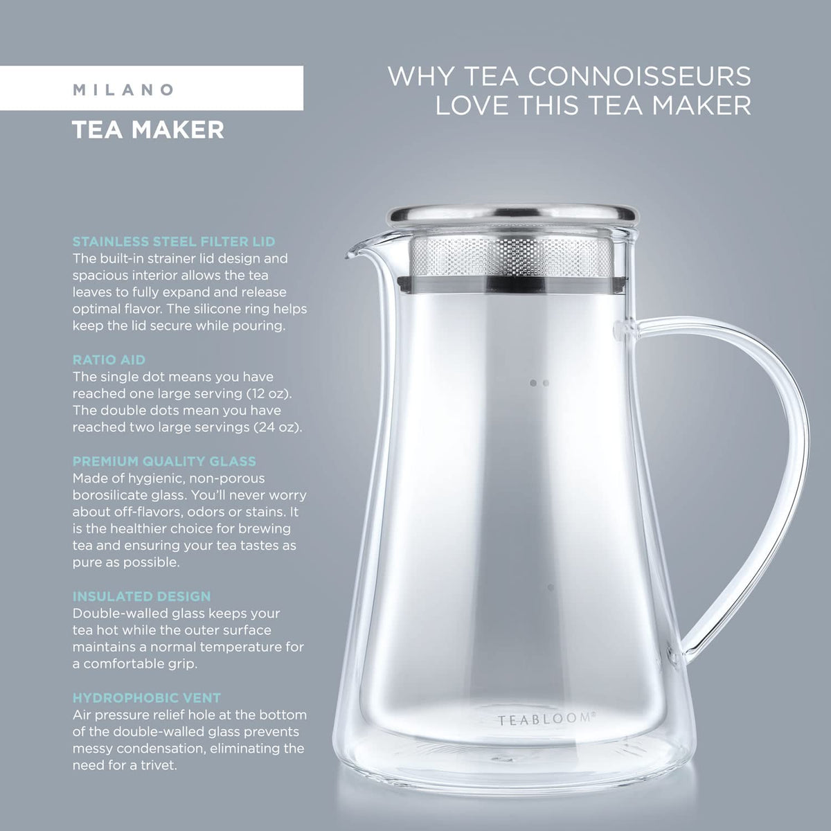 Teabloom Insulated Teapot Keeps Tea Hot – Tea Maker For Two (24 oz) – Double Wall Heatproof Glass Tea Steeper with Stainless