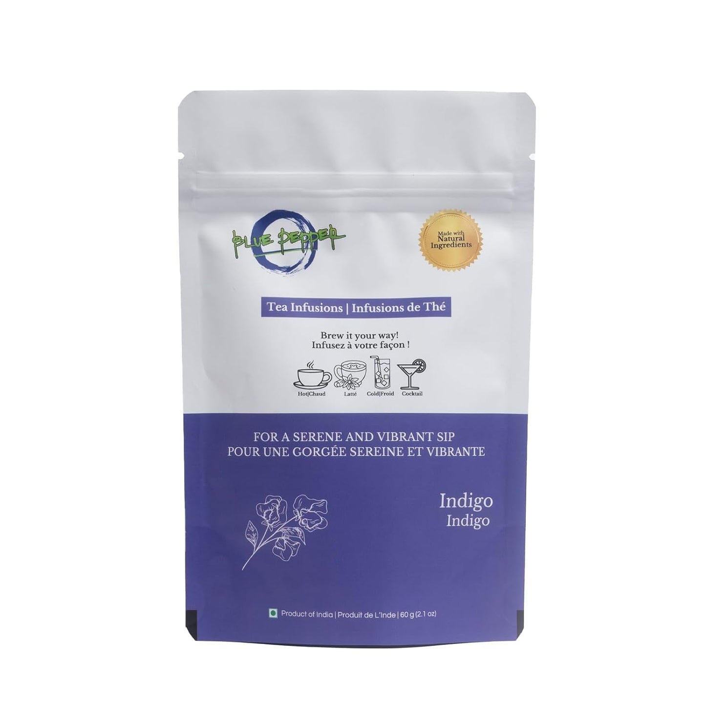 Blue Pepper Tea Infusion | Butterfly Pea Flower Blend with Ginger, Tulsi (Holy Basil), Amla (Indian Gooseberry) &amp; Cardamom | Caffeine-Free Natural Beverage | 60g