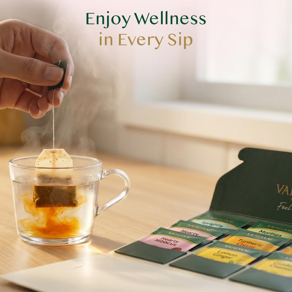 VAHDAM, Assorted Herbal Tea Sampler (18 Tea Bags, 9 Flavors) Caffeine-Free, Non-GMO | Double Infusion, Individually Enveloped Tea Bags | Herbal Tea Assortment | Mother’s Day Tea Gift for Mom