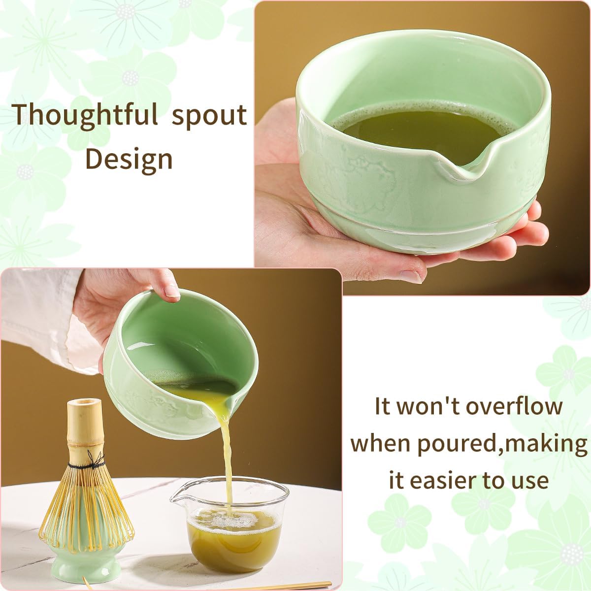 Matcha Tea Set, 5-Piece Ceramic Matcha Bowl &amp; Whisk Kit with Cute Cat Pattern, Traditional Japanese Chawan, Scoop &amp; Sifter, Perfect for Tea Ceremony, Gift for &amp; Tea Lovers (green)