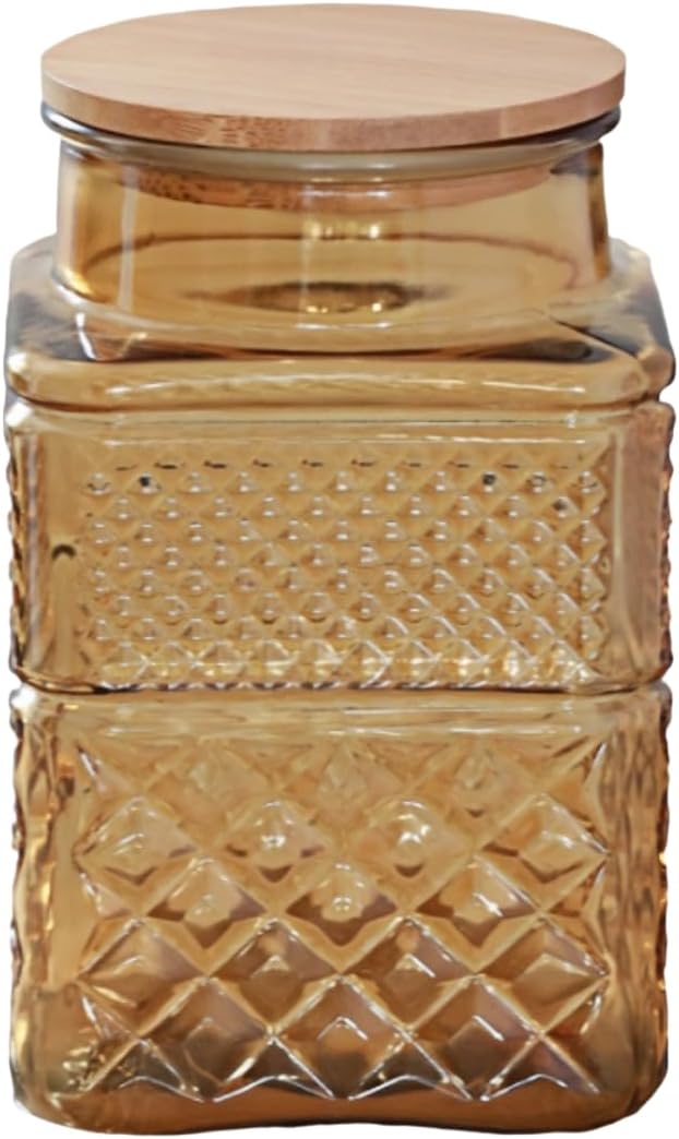 ANSQU Square Glass Jar, 61 Fl oz Candy Jar with Lid, Glass Food Storage Containers for Ground Coffee, Tea, Sugar, Decorative Mason Jar (Yellow)