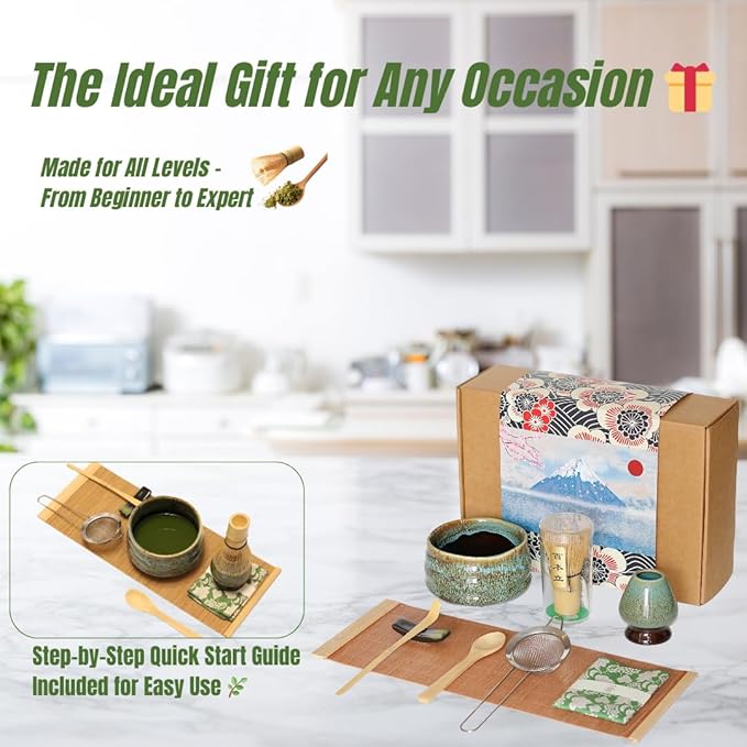 Annie & Mia Design Matcha Whisk Set (9pcs), Japanese Tea Matcha Set includes Ceramic Matcha Bowl, Bamboo Matcha Whisk (Chasen), Ceramic Whisk Holder, Bamboo Matcha Scoop (Chashaku), Blue