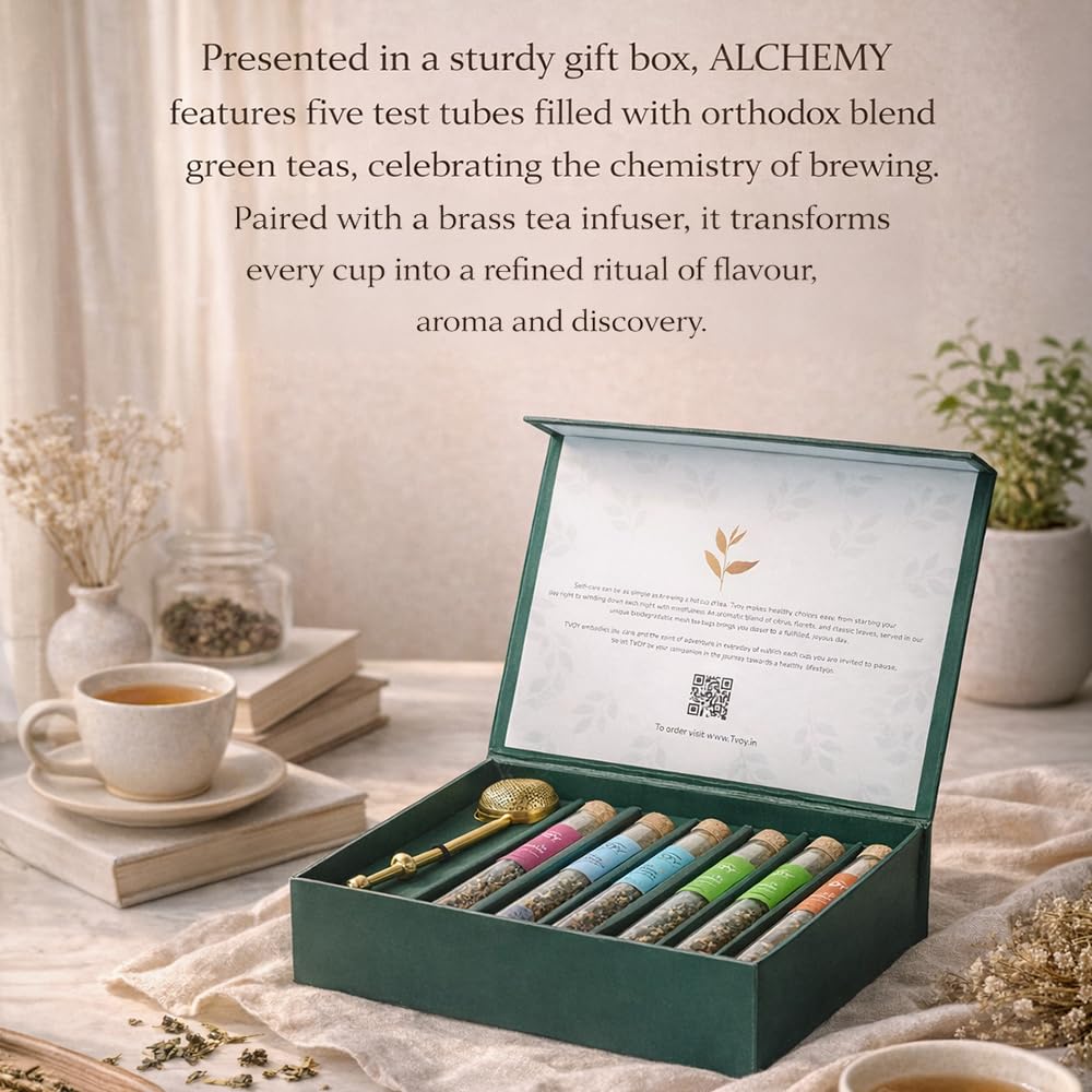 TVOY- Assorted Tea Infusion Gift Set 6 Unique Flavors and Reusable Tea Stainer, Loose Leaf Tea Set Flavors Include, Mint Green Tea, Premium Whole Loose Leaf Tea Gift Box for Women & Men, Tea Sampler for Birthdays & Tea Lovers