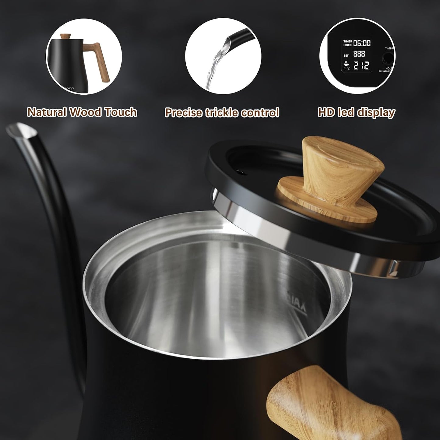 Gooseneck Electric Kettle, Electric tea Kettles, ±1℉ Temperature Control for Pour-Over Coffee &amp; Tea Brewing, Stainless Steel Inner, Quick Heating, Boil Hot Water, 1200W/0.8L (Black Wooden)