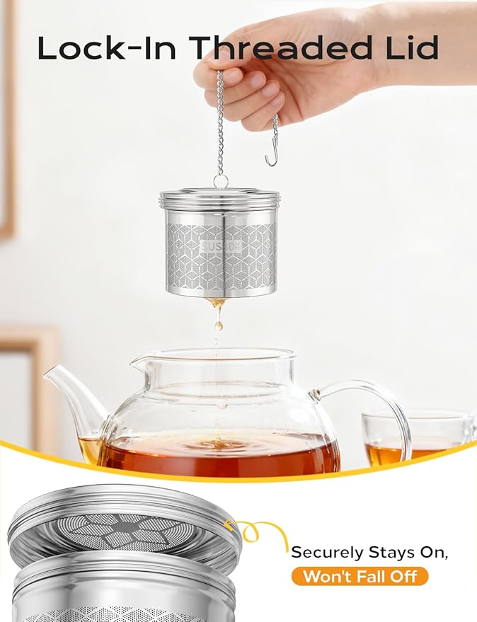 Large Tea Infuser & Strainer, Spice Infuser - Extra Fine Mesh for Loose Leaf Tea, 304 Stainless Steel with Long Chain & Threaded Lid