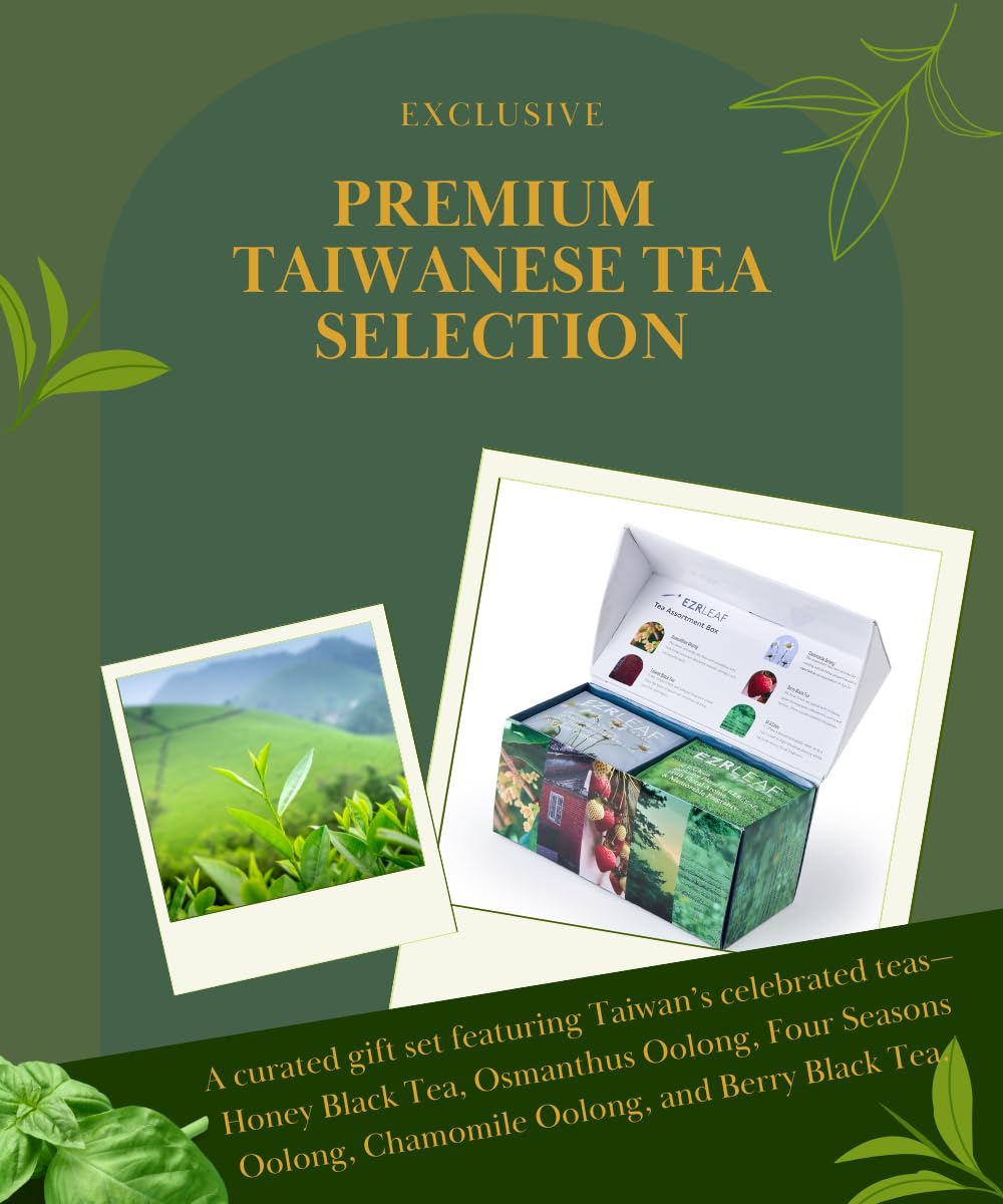 EZR Leaf Tea Sampler Gift Box– 22 Pyramid Tea Bags with Taiwan Black, Osmanthus Oolong, Chamomile Oolong, Berry Black, Four Seasons Green – Flavored Assorted Tea Set for Gifting & Tasting