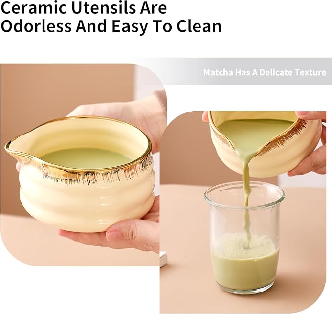 7-Piece Matcha Whisk Set – Yellow Spouted Ceramic Bowl with Golden Texture + Bamboo Whisk, Ceremonial Matcha Kit for Breakfast/Latte