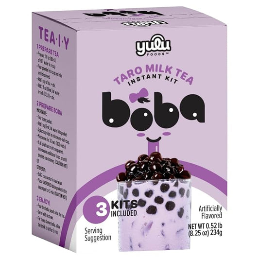 YULU FOODS Instant Bubble Pearl Taro Milk Tea Kit with Authentic Brown Sugar Tapioca Pearls - Ready in Under One Minute, Paper Straws Included – 3 Servings.