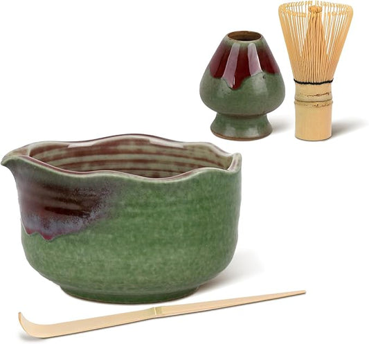 Pottery Matcha Set - Japanese Handcrafted Matcha Tea Bowl Mineral Glaze Bowl with Spout, Bamboo Whisk, Scoop & Chasen Holder