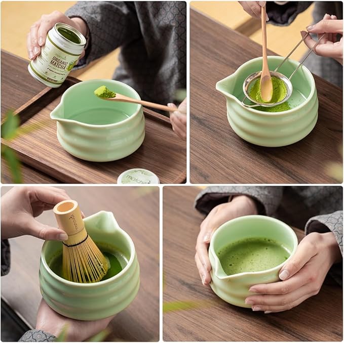 Matcha Whisk Set - Ceramic Bowl, Bamboo Whisk with Holder, Sifter, Schima Spoon, Spoon Rest and Tea Towel