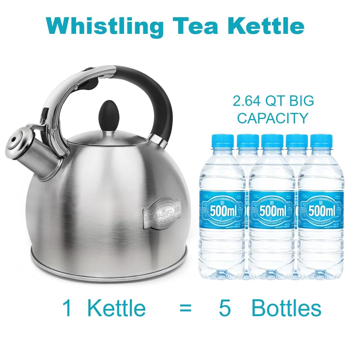 BAERFO Whistling Stovetop Tea Kettle, 2.64 Qt 304 Stainless Steel （Brushed）
