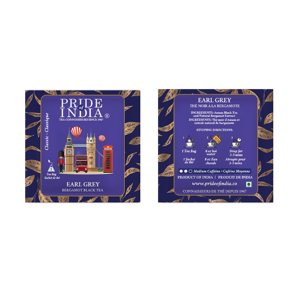 Pride of India | PACK of 2 - Earl Grey Bergamot Black Tea | 15 Pyramid Full Leaf Individually Wrapped Tea Bags | Full-Bodied, Citrusy Flavor | Single Estate Certified Tea | High Caffeine