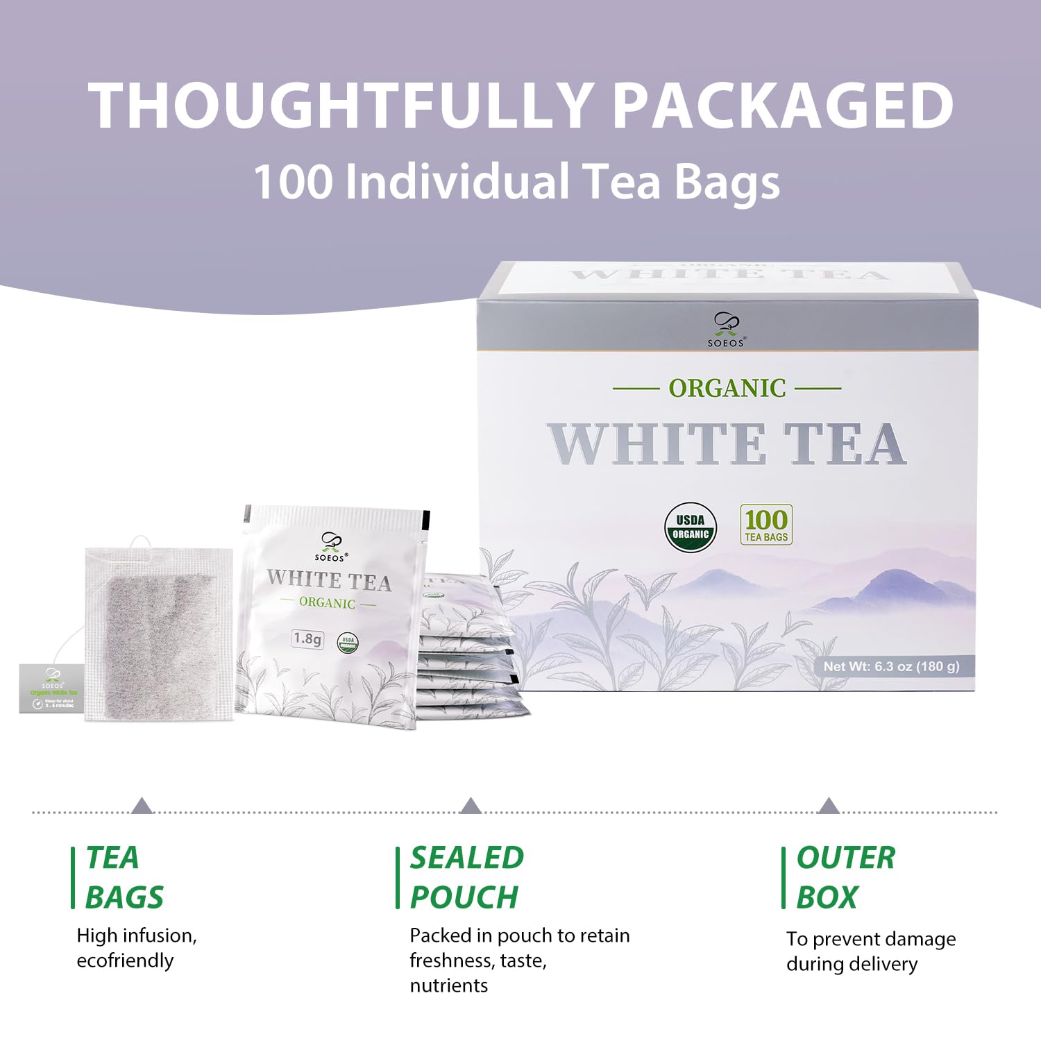 Soeos Organic White Tea, 100 Tea Bags, Pack of 2, Total 200 Teabags, Individually Wrapped Teabags, Low Caffeine, Subtle Floral Aroma & Smooth Taste, Quality Tea for Everyday Brewing, Perfect for Hot or Iced Tea Lovers, 6.3oz (180g) of Each