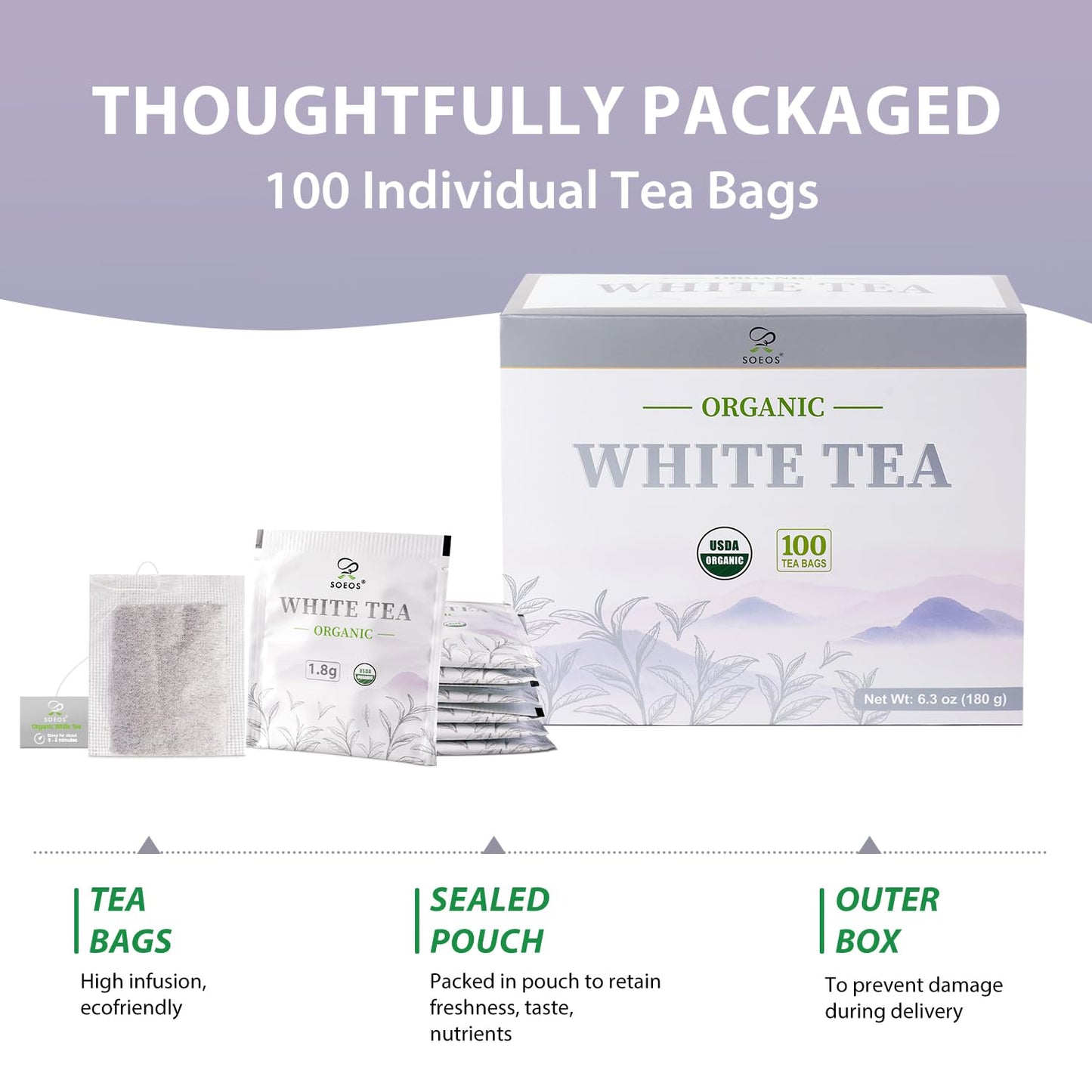 Soeos Organic White Tea, 100 Tea Bags, Pack of 2, Total 200 Teabags, Individually Wrapped Teabags, Low Caffeine, Subtle Floral Aroma &amp; Smooth Taste, Quality Tea for Everyday Brewing, Perfect for Hot or Iced Tea Lovers, 6.3oz (180g) of Each