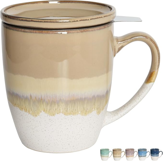 Bosmarlin Ceramic Tea Cup with Infuser and Lid, 16 Oz, 5 Colors to Choose, Dishwasher and Microwave 