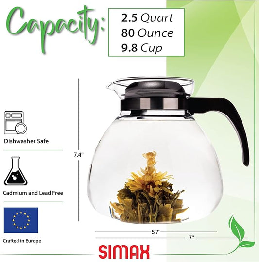 Simax Glassware 2.5 Quart Glass Teapot | Short Spout, Stay Cool Plastic Handle and Lid, Stovetop and Dishwasher Safe, Heat, Cold, and Thermal Shock Resistant Borosilicate Glass