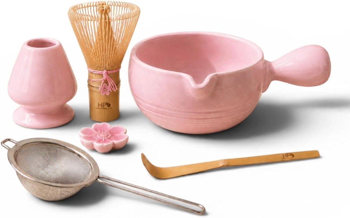 HAPPY PATH &amp; CO Patented Matcha Bowl Set with Handle &amp; Spout - Spill-Free Pouring | Complete Matcha Set for Beginners | Includes Bamboo Whisk, Scoop &amp; Stand (Pink Blossom - Soft Pink)
