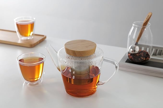 Viva Infusion Borosilicate Glass Tea Pot for Stovetop with Loose Leaf Tea Infuser Mesh - 34 ounce/1 Liter - Modern Teapot Features Bamboo Wood Lid