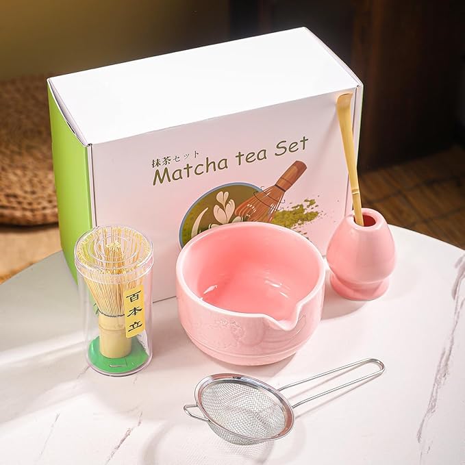 Matcha Tea Set, 5-Piece Ceramic Matcha Bowl & Whisk Kit with Cute Cat Pattern, Traditional Japanese Chawan, Scoop & Sifter, Perfect for Tea Ceremony