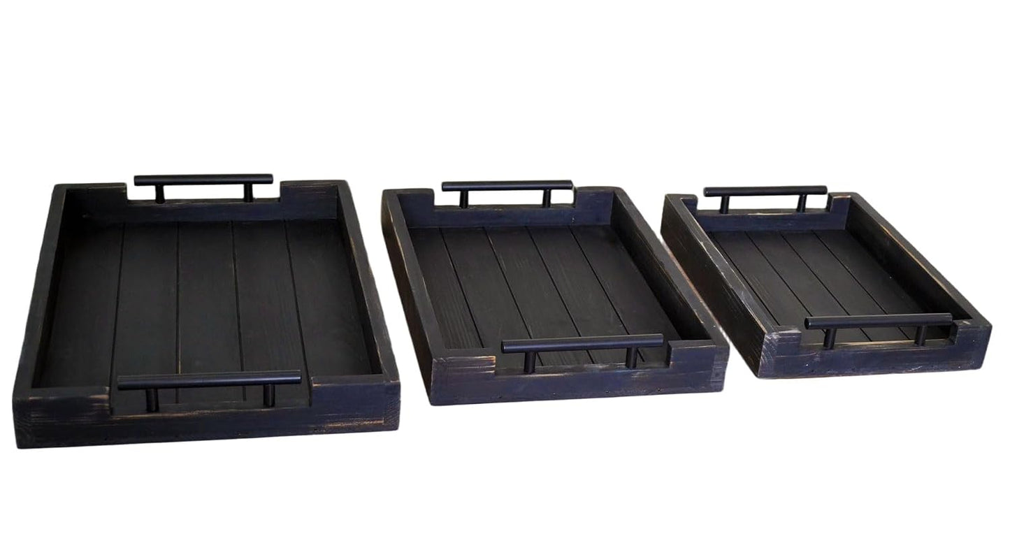 Coffee Table Tray Decorative Nested Vintage Wood Serving Tray Set for Eating, Breakfast, Party, Kitchen, Ottoman
