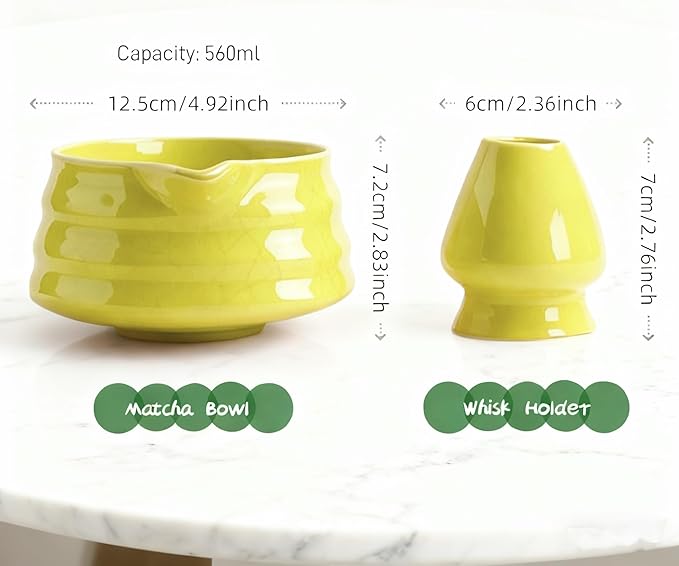 Matcha Bowl with Pour Spout & Whisk Holder, Traditional Japanese Ceramic Chawan Tea Set, Thick Non-Slip Matcha Mixing Bowl for Whisking & Pouring
