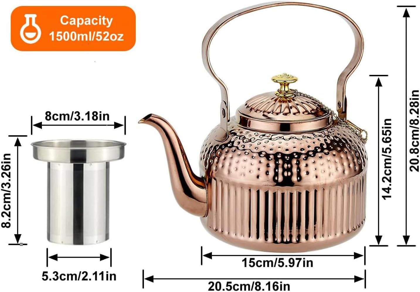 SANQIAHOME Antique 1.8L (60 Oz) Stainless Steel Teapot with Infuser Copper