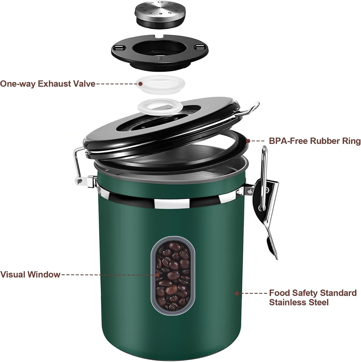 ROCKY&amp;CHAO Airtight Coffee Canister with Date Tracker &amp; Transparent Window, 22OZ Large Tea Coffee Canisters, Coffee Storage Canister, Coffee Container with 30ml Measure Spoon and 4 Co2 Valve(Green)