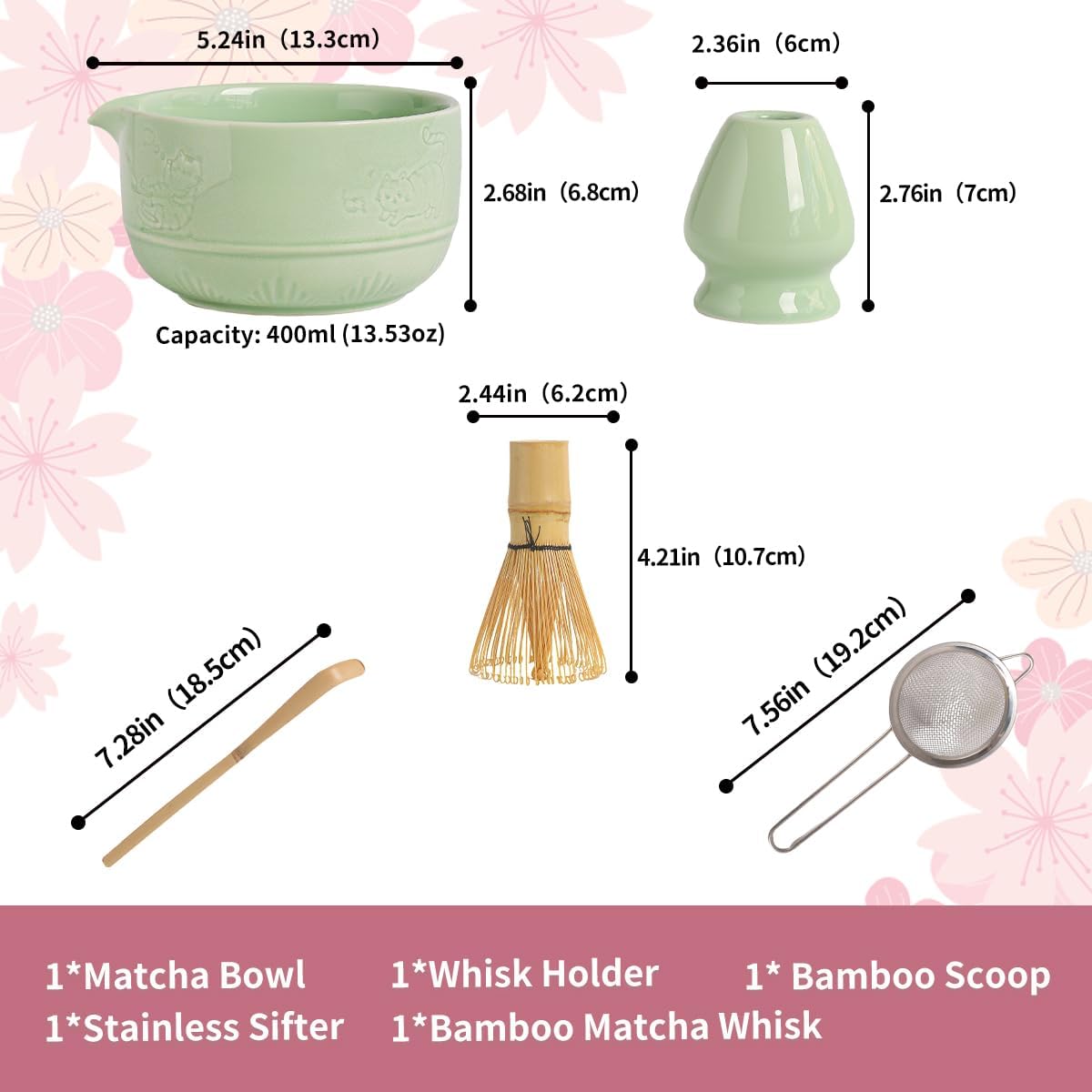 Matcha Tea Set, 5-Piece Ceramic Matcha Bowl &amp; Whisk Kit with Cute Cat Pattern, Traditional Japanese Chawan, Scoop &amp; Sifter, Perfect for Tea Ceremony, Gift for &amp; Tea Lovers (green)