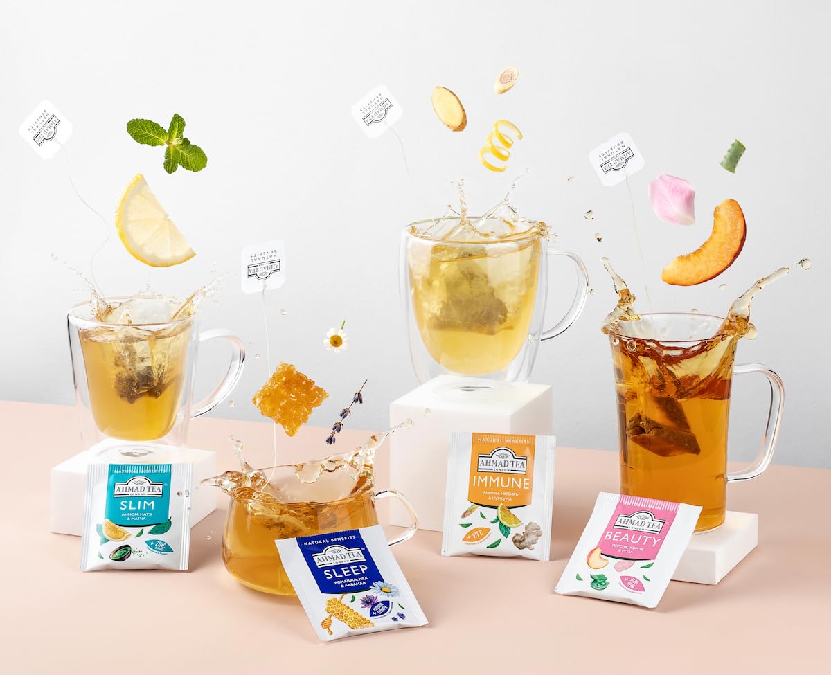 Ahmad Tea Natural Benefit Functional Tea Selection Pack | Green teas, Fruit & Herbal Infusions | Perfect herbal tea gift - 60 Teabag Sachets | 6 blends
