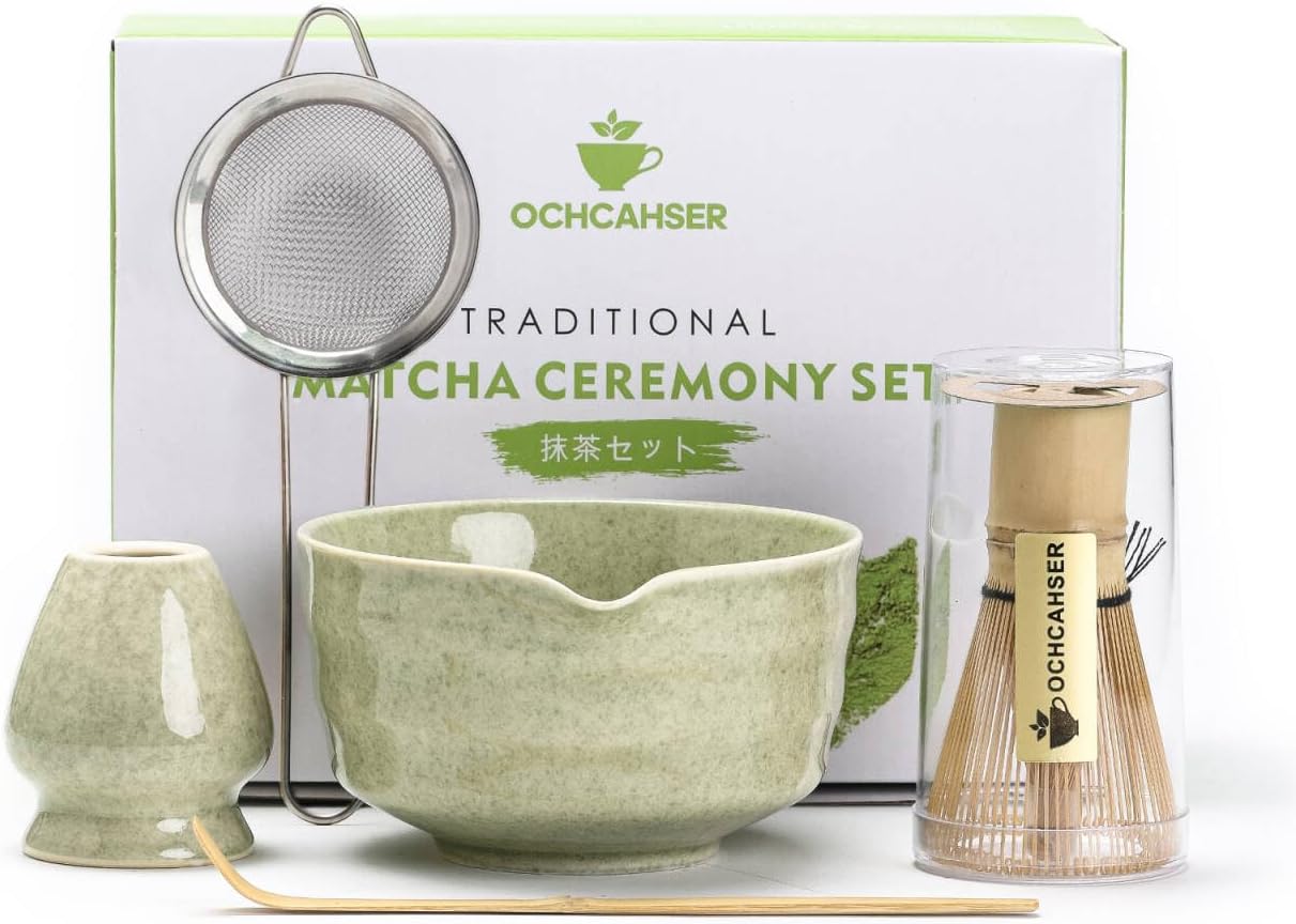Ochcahser Matcha Set, 17 OZ Matcha Bowl, Matcha Kit for Matcha Lovers. | 5 Pce Japanese Matcha Whisk Set Includes Bowl with Spout, Whisk Holder, Bamboo Whisk and Scoop, Sifter, Great Matcha Gift.