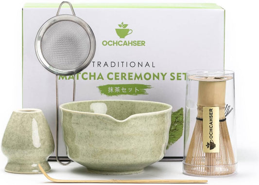 Ochcahser Matcha Set, 17 OZ Matcha Bowl, Matcha Kit for Matcha Lovers. | 5 Pce Japanese Matcha Whisk Set Includes Bowl with Spout, Whisk Holder, Bamboo Whisk and Scoop, Sifter, Great Matcha Gift.