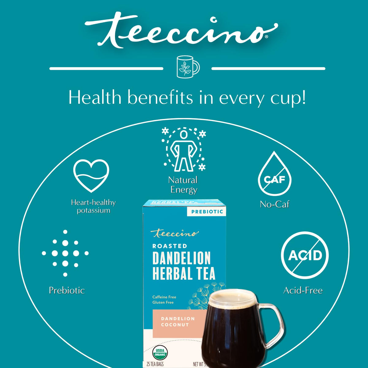 Teeccino Dandelion Coconut Tea - Caffeine Free, Roasted Herbal Tea with Prebiotics, 3x More Herbs than Regular Tea Bags, Gluten Free - 25 Tea Bags