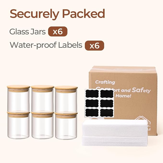 ComSaf Airtight Glass Food Storage Jars Set of 6, 0.6 Qt Clear Glass Food Storage Container with Sealing Wooden Lid, Stackable Spice Jar