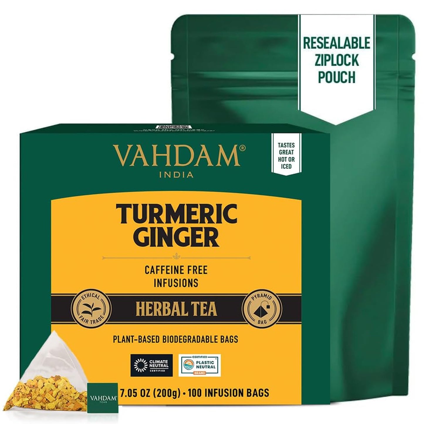 VAHDAM Organic Turmeric Ginger Herbal Tea Bags (100 Pyramid Tea Bags) Caffeine Free, Non GMO | 100% Pure Herbal Blend - Savory & Spicy, Plant-Based Teabags | Resealable Ziplock Pouch