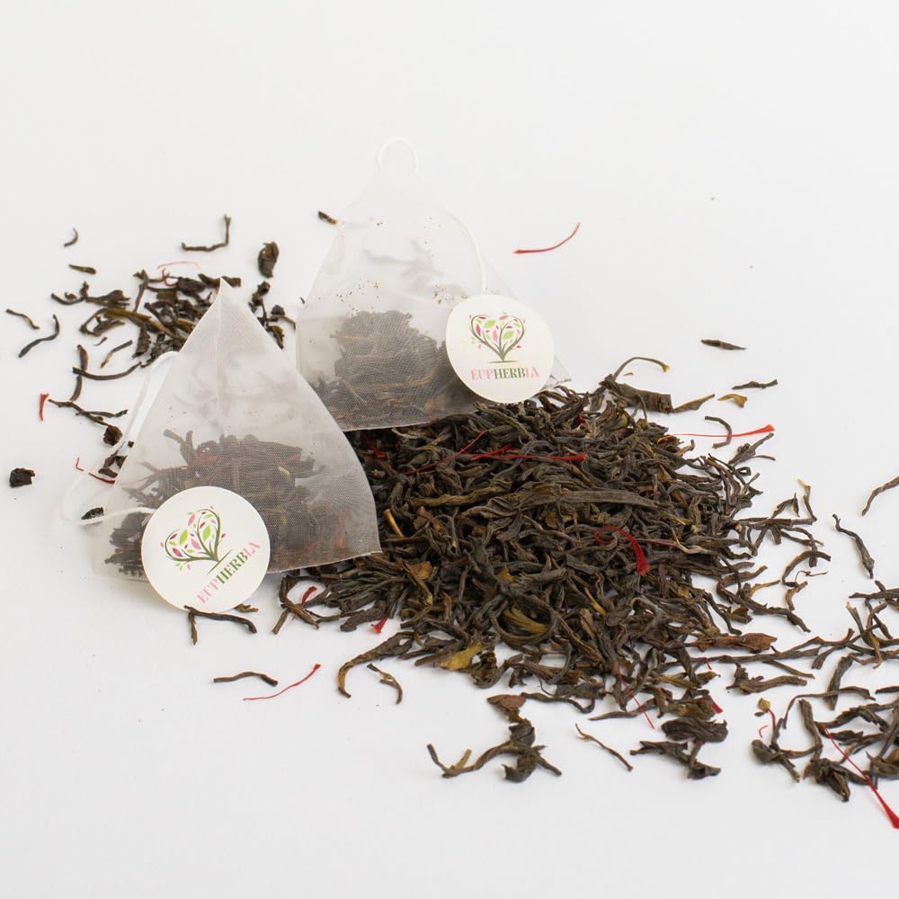 Eupherbia Saffron Green Tea, Handpicked, Highland Grown Whole Leaf Tea, Enriched with Premium Saffron Threads, Herbaceous, Grassy, Bittersweet, Individually Wrapped Tea Sachets (2 Pack)