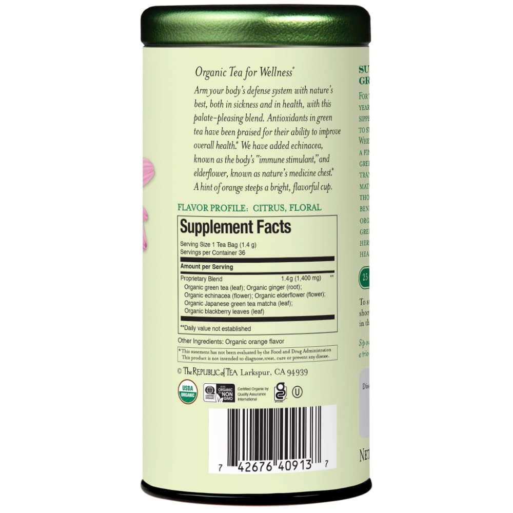 The Republic of Tea SuperGreen Organic Immunity Green Tea, 36 Count | Naturally Caffeinated. Made for morning or afternoon. Fresh with notes of warming ginger. Made with matcha.