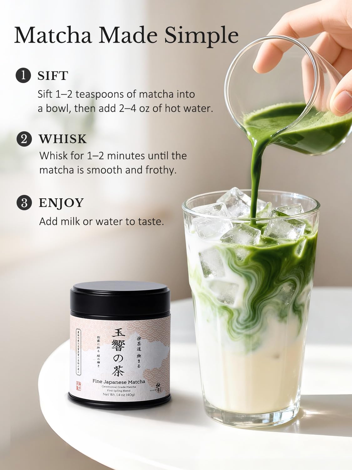 YUZUKI Matcha Powder 40g - Japanese Ceremonial Grade Matcha Green Tea Powder - First Harvest - Product of Japan, Uji Kyoto - Zero Sugar - USDA and JAS Certified (1.4 oz）