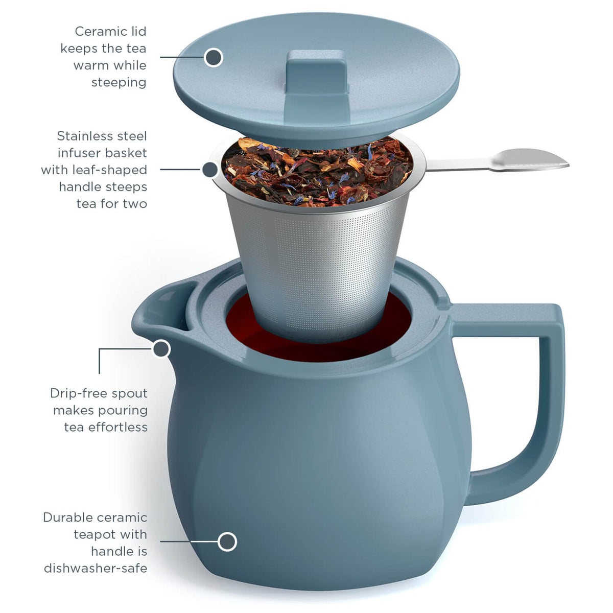 Tea Forte Stone Blue Ceramic Fiore Teapot with Infuser